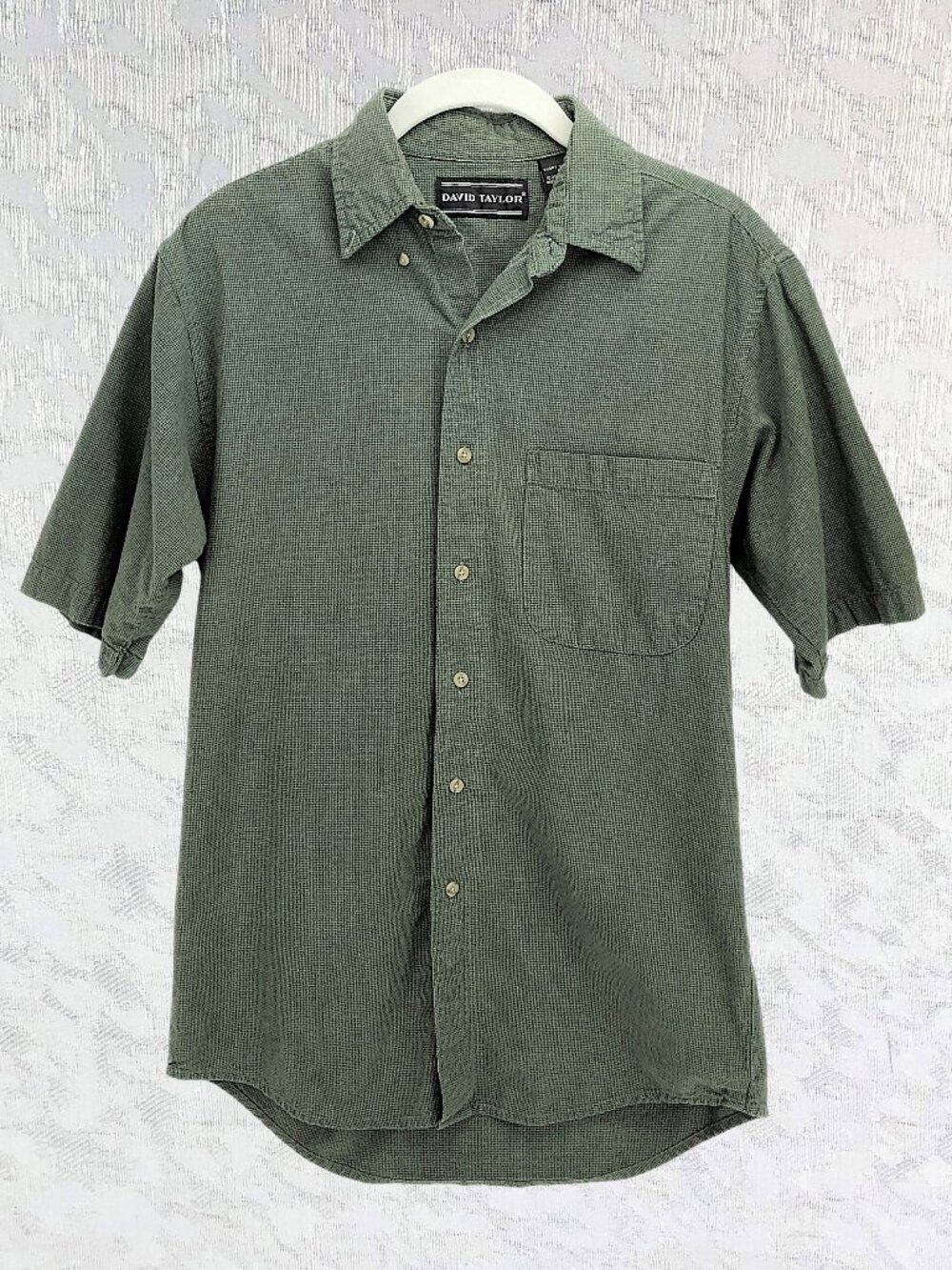 David Taylor 100% Cotton Button Down Short Sleeve Shirt Sage Green Gingham Sz S
